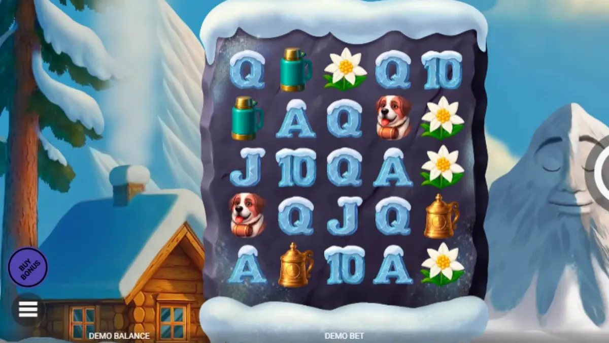 Pemandangan pegunungan bersalju dalam slot Avalanche dengan karakter yeti yang lucu.