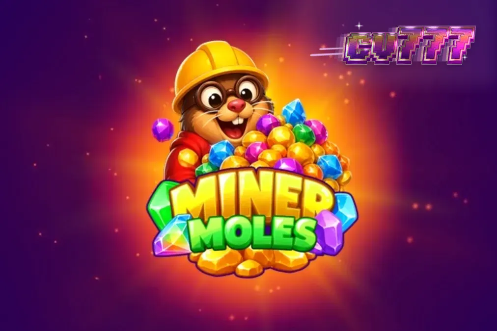 Tampilan visual slot Miner Moles dengan karakter tikus tanah dan grid permata